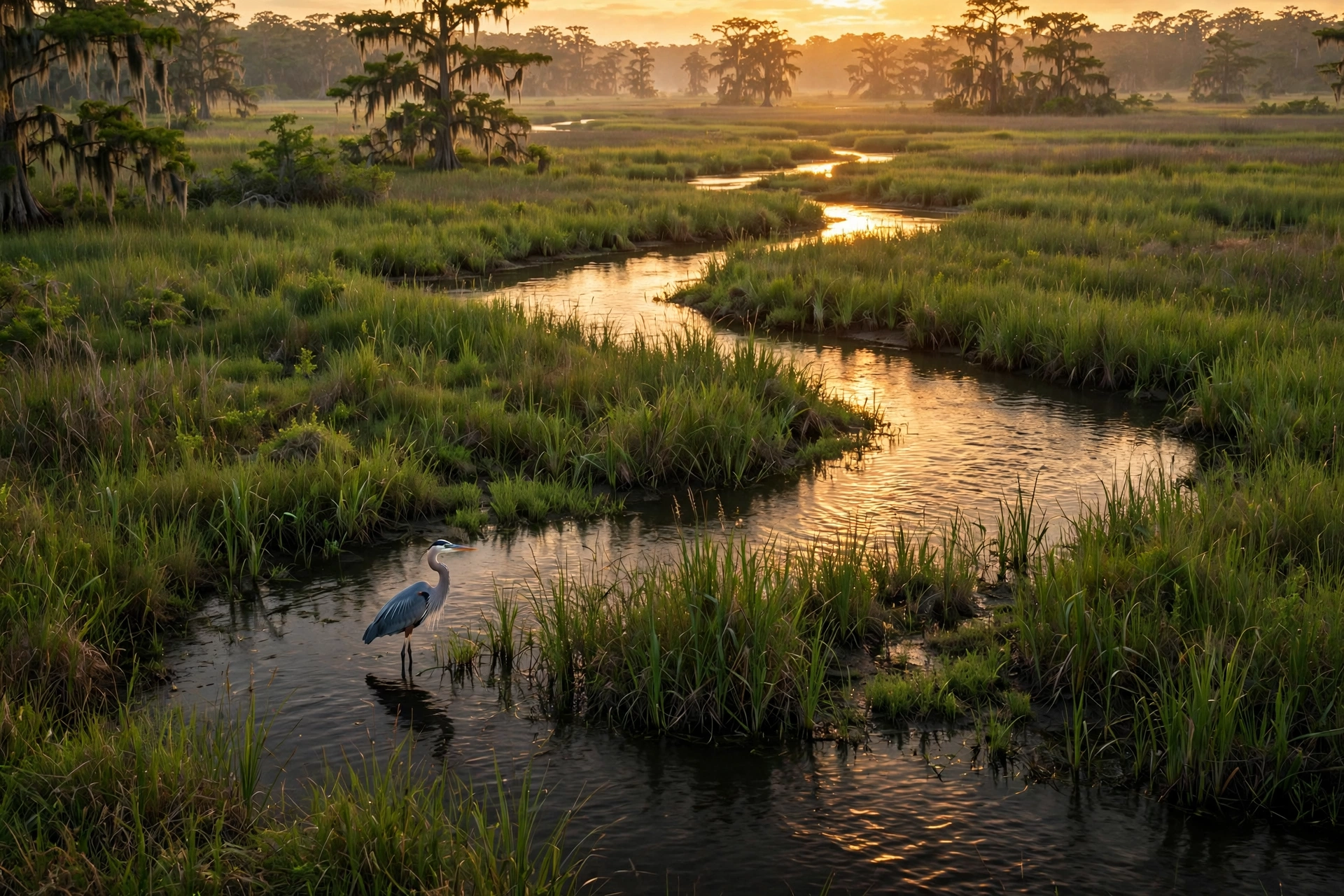 Mississippi Gulf Coast bayou marsh at golden hour — winding water through cordgrass with a great blue heron standing in the shallows